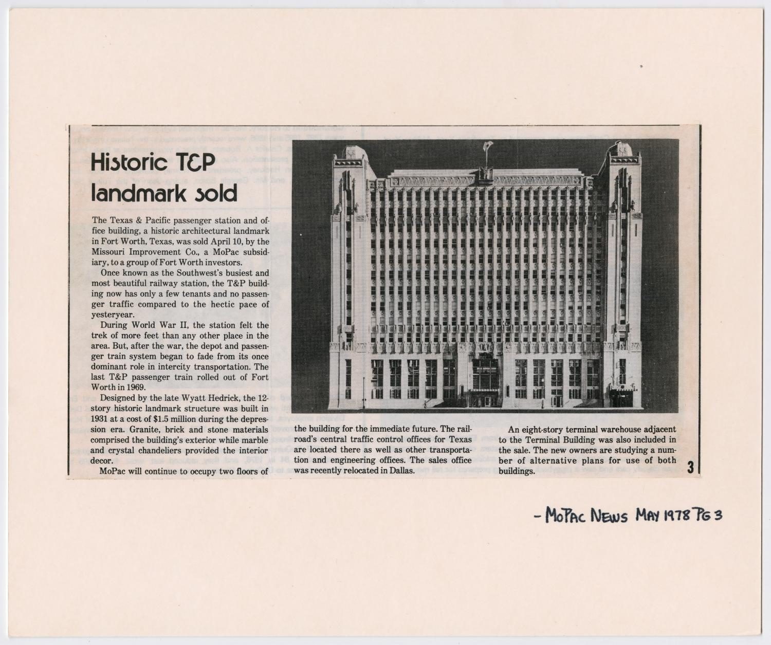 Newspaper Article About the Sale of T&P Station in Fort Worth